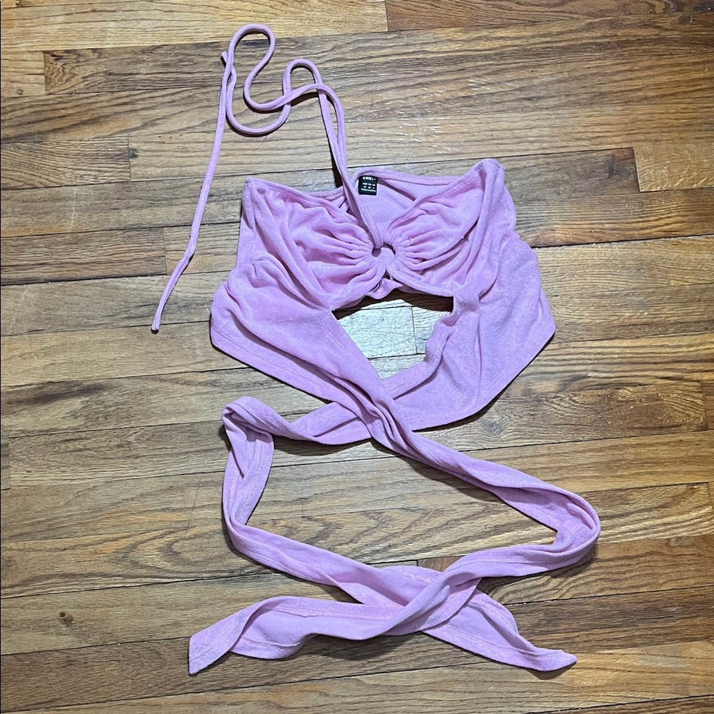 Terry cloth light pink tiki tie Halter Top with cross tie lace up detail medium